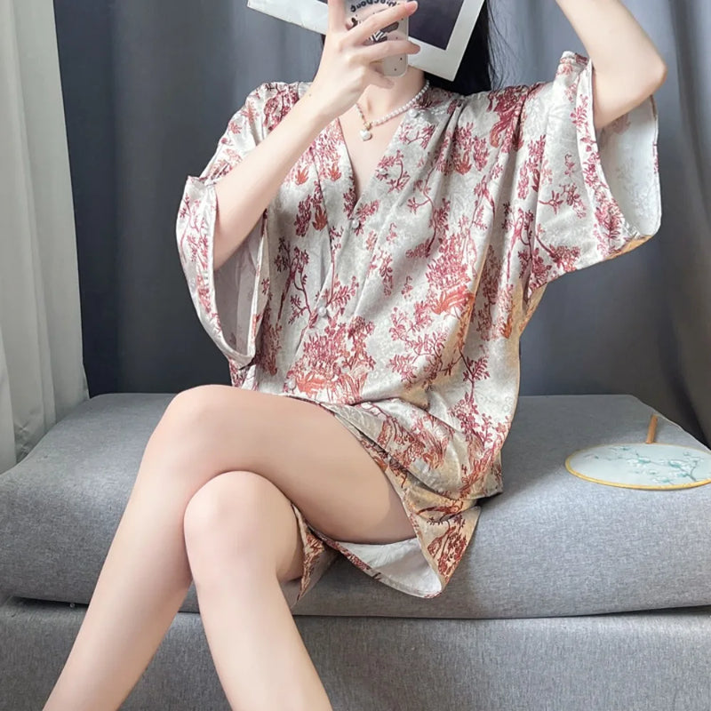 Retro Floral Home Suit For Women Nightwear Nighty Summer Soft Two-Piece Sleepwear Women's Pajamas with Pants Pyjama Set Pijama