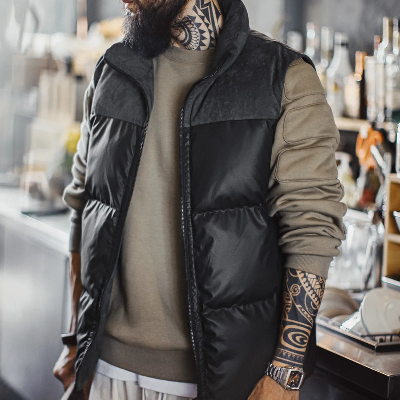 Maden Men Quilted Vest Black Outdoor Puffer Sleeveless Jacket Stand Collar Thickened Insulated Collar Warm Coat for Full Winter