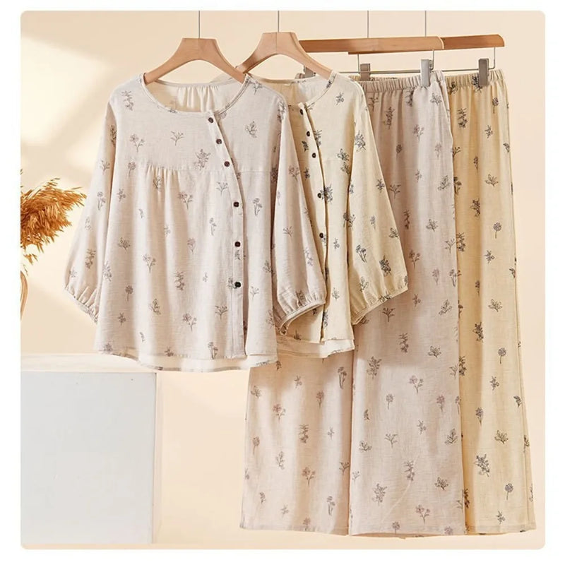 New 2 Pieces Set for Women Pajama Autumn Sleepwear Cotton Floral Pyjama Set Home Wear Women's Loungewear Mujer Pijama Nightwear