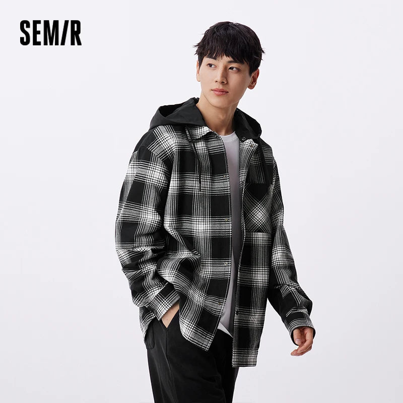 Semir Men Jacket Hooded Detachable Colorblock Plaid Patchwork Casual Outdoor Loose Classic 2026 Autumn Outerwear Daily Wear