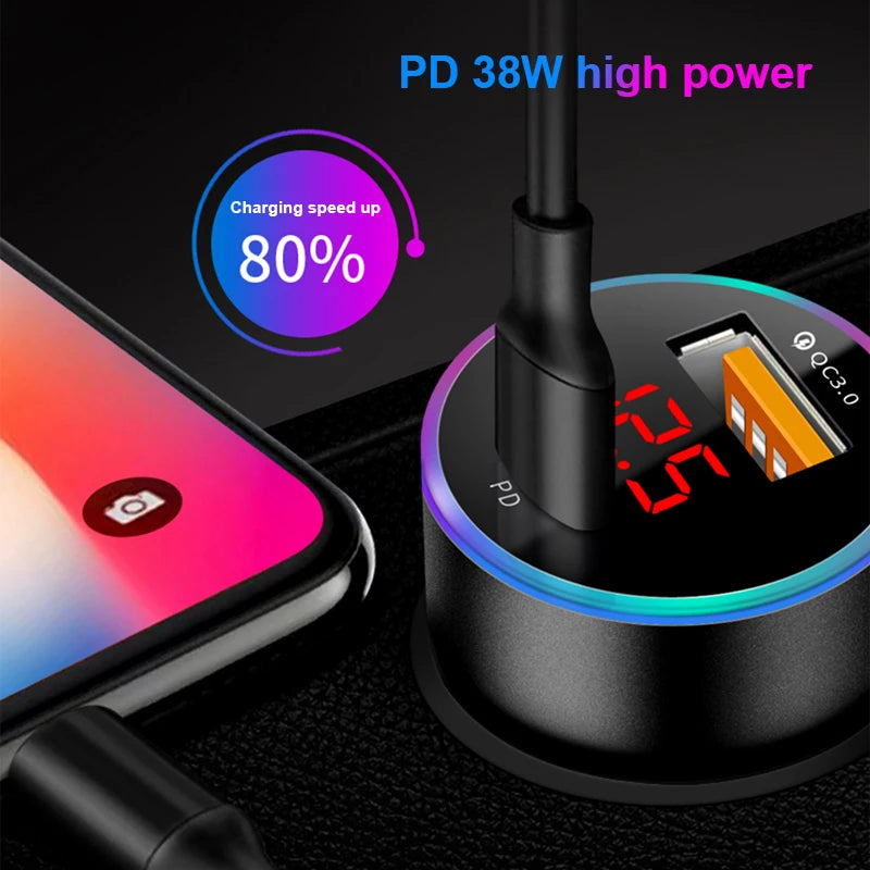 SEAMETAL USB C Car Charger 20W 2 Ports PD2.0 QC3.0 Digital Display Car Phone Charger For iPhone Samsung Quick Charging Adapter