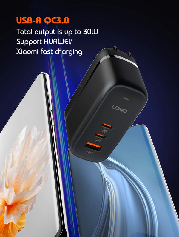 ឆ្នាំងសាក LDNIO 65W USB C ឆ្នាំងសាកសម្រាប់ធ្វើដំណើរ GaN ឆ្នាំងសាក 3 រន្ធ អាដាប់ទ័រដោតអន្តរជាតិ EU UK US AU ខ្សែភ្លើង អាដាប់ទ័រដោតធ្វើដំណើរ