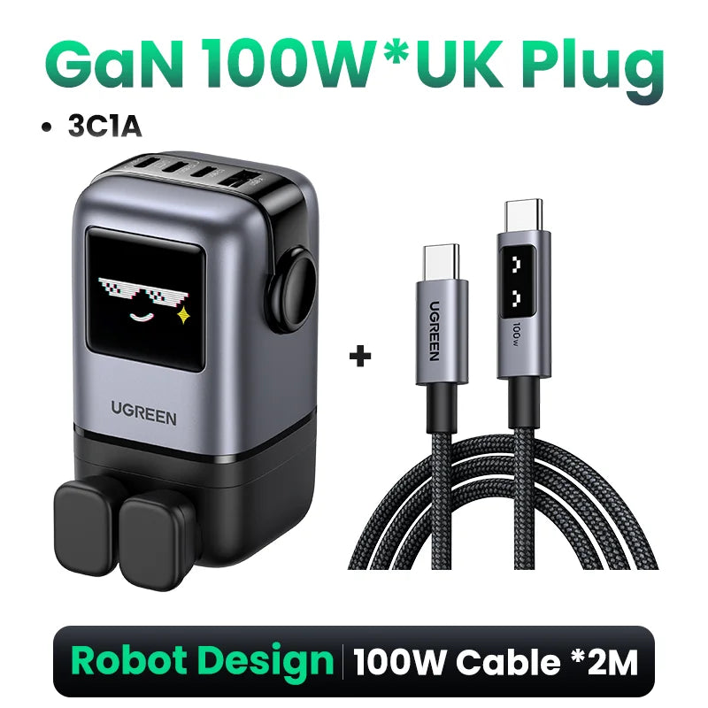 UGREEN Uno 100W GaN Charger Robot Design QC4.0 3.0 PPS PD 3.0 Fast Charger for iPhone 18 17 16 Pro Macbook Air Laptops Tablets