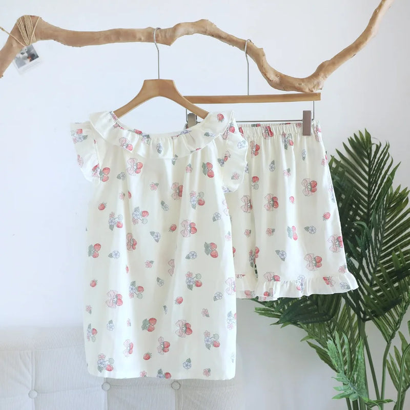 Floral Women's Pajamas With Shorts Summer Wear 2-Piece Set Sleepwear Women Nightwear Pyjama Femme 100% Cotton Home Clothing