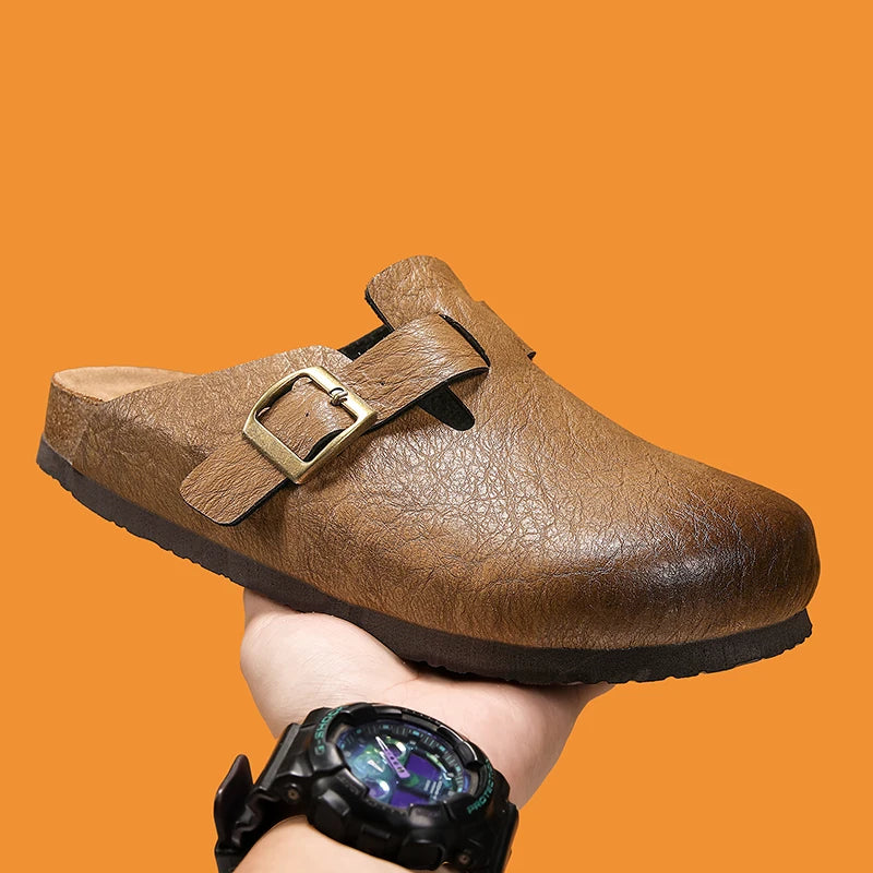 Comfort Cork Leather Slippers for Unisex Men Women Slip on Half Shoes Sandals Closed Toe Backless Health Footbed Slides Fashion