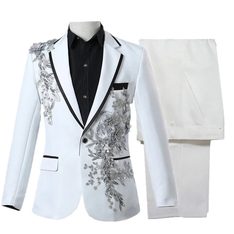 Men's White Standing Lapel Suit Two-Piece, Chinese Style Long Sleeve Jacket with Trousers, Blue Red Black Optional, Asian Size