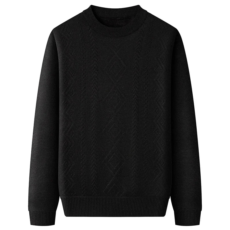 Thick Thermal Crew Neck Pullover Men Vertical Geometric Diamond Pattern Soft Fleece Lining Weekend Outing Knitwear