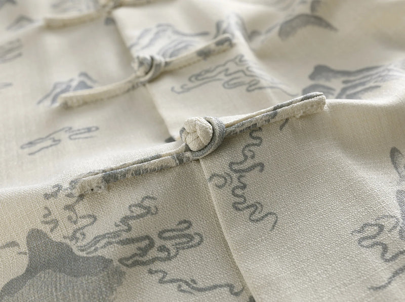 Chinese-style Men's Beige Short-sleeve Jacquard Shirt; Summer Blue Single-breasted Stand-collar Shirts.