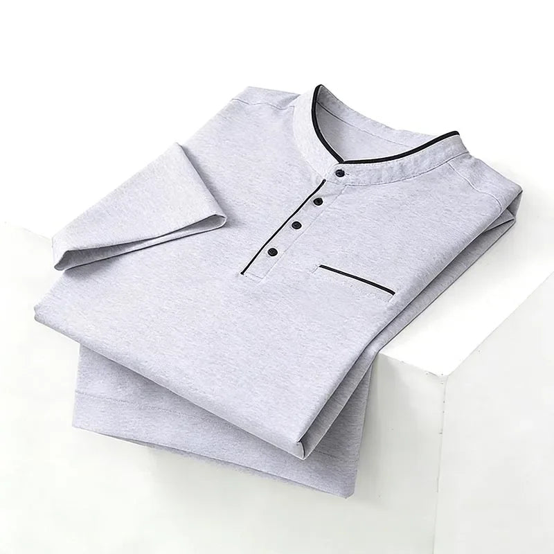 2026 New Men's Navy Blue Stand Collar Long Sleeve Polo Shirt Office Business Commute Top