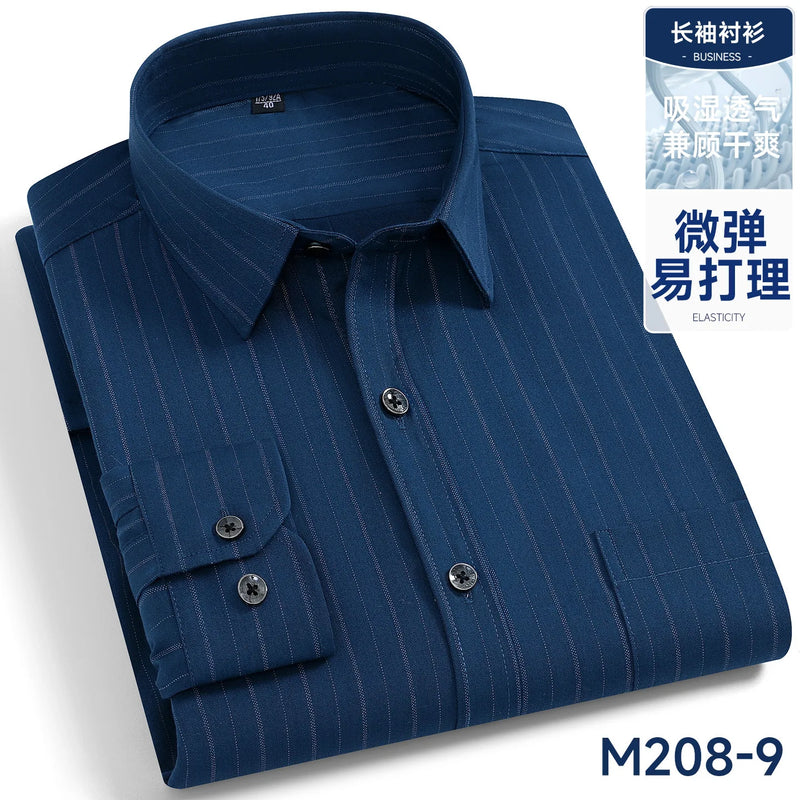 Men's Black Long-sleeve Plaid Shirt for Spring and Fall; Wrinkle-resistant, Quick-drying, Casual Stretch Shirt. White,Gray,Blue.