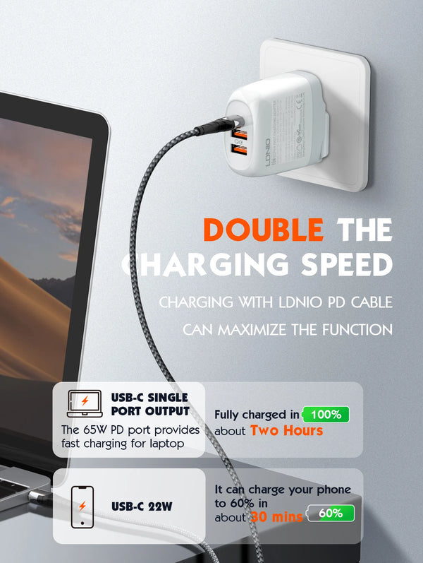 ឆ្នាំងសាក GaN USB C ទំហំ 65W LDNIO ប្រភេទ C ឆ្នាំងសាក USB PD QC PPS សាកថ្មលឿនសម្រាប់កុំព្យូទ័រយួរដៃ Macbook iPad ថេប្លេត