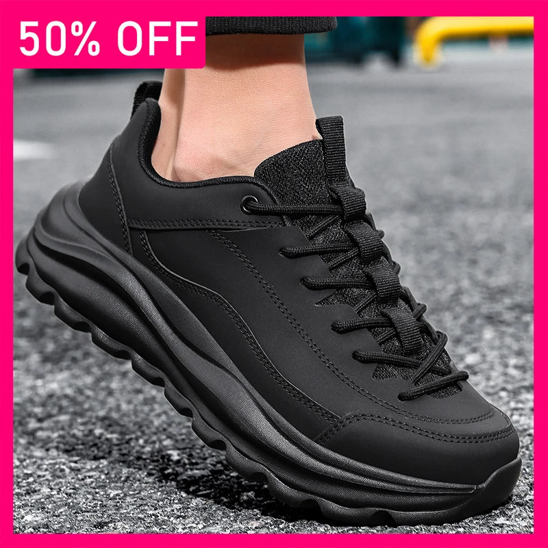 Men Sports Shoes Trendy Black Leather Comfortable Breathable Thick Bottom Rebound Youth Daily Wear Outdoor Running Casual Shoes
