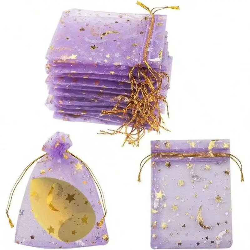 50PCS Moon Stars Drawstring Organza Bags Jewelry Gift Bags Pouches Gold Star Organza Favor Pouches for Christmas Wedding
