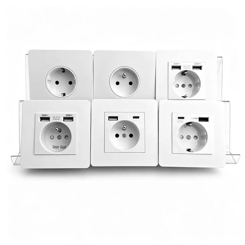 EU FR Power Socket ,Socket With Usb Charging Port and Type c White Stainless Steel Panel Russia Spain Wall Socket 5/10 PCS