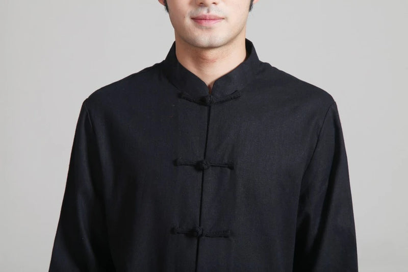 Chinese-style Men's Black Cotton-linen Two-piece Set, Featuring A Stand-up Collar Long-sleeve Shirt and Pants.
