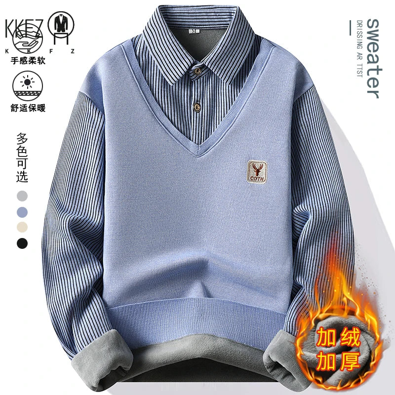 Men Daily Wear Knit Pullover Fake Two Piece Design Striped Long Sleeve Lapel Shirt Style V Neck Knitted Sweater