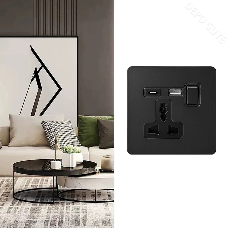 Black Retro Toggle Wall Light Switch Socket,Stainless Steel Universal UK Electrical Outlets with USB Type-C charging For Home