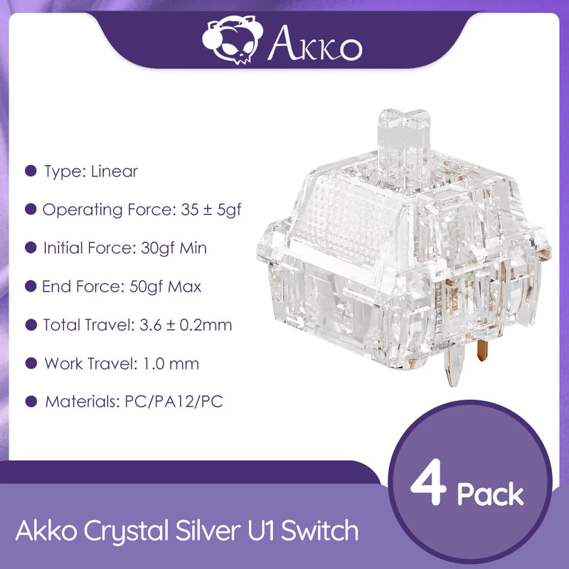 Akko Linear Switch U1 Crystal Silver 5-Pin 35gf Lightweight Factory Lubed Compatible with MX Mechanical Keyboard Switches 45 pcs