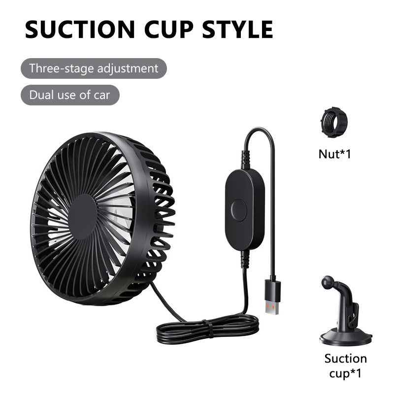 SEAMETAL Suction Cup Car Fan 360° Rotatable USB Interface Low Noise 3-Speed Control Powerful Cooling Fan for Car Home Office
