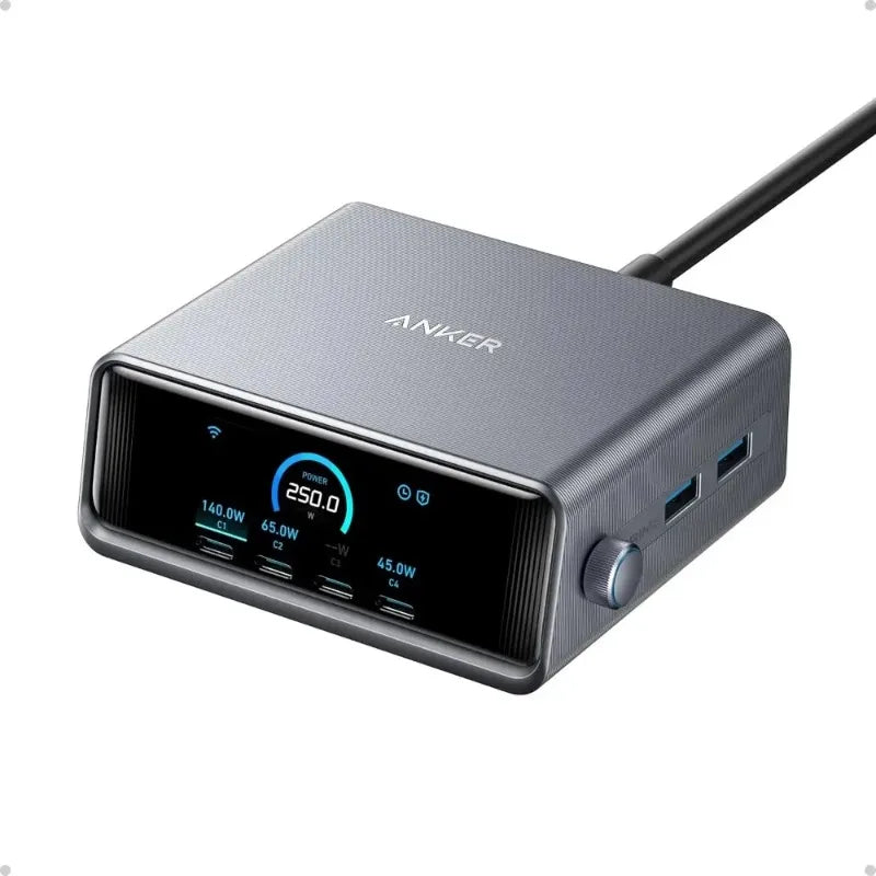 ស្ថានីយសាកថ្ម Anker A2345 Prime 250W GaN រន្ធ 6 USB C សម្រាប់ដាក់លើតុ សាកថ្មលឿន អេក្រង់ LCD ទំហំ 2.26 អ៊ីញ អាដាប់ទ័រថាមពលឆ្លាតវៃ សម្រាប់ឧបករណ៍ច្រើនយ៉ាង
