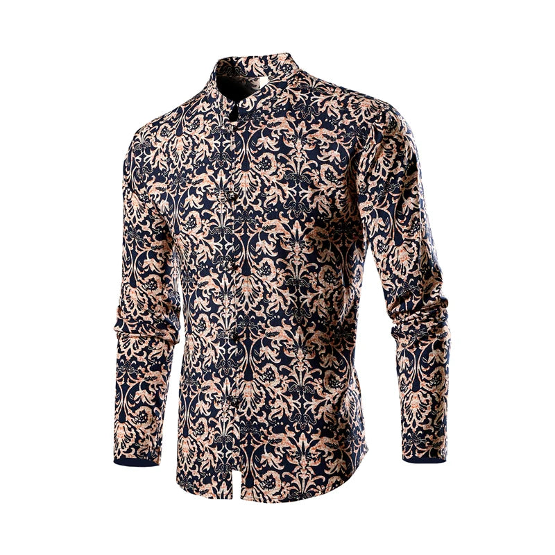 Chinese Style Men's Red Stand-up Collar Long-sleeved Shirt, Single-breasted Printed Shirts, Fashion Casual Camisas. New 2026