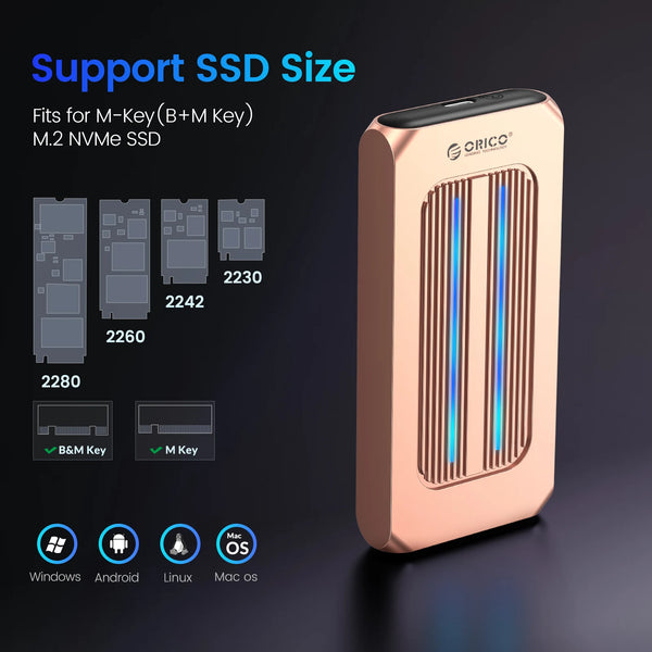 ORICO RGB M.2 SSD Enclosure 10Gbps M2 NVMe SSD Case All Aluminum USB3.1 Gen2 Case for Solid State Drive for Gamer Video Editing
