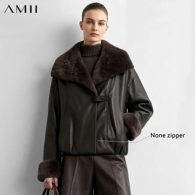 Amii Faux Leather Shearling Collar Jacket Biker Oversized Warm Commuter Minimalist Dark Winter 2026 Women's coat 12644005