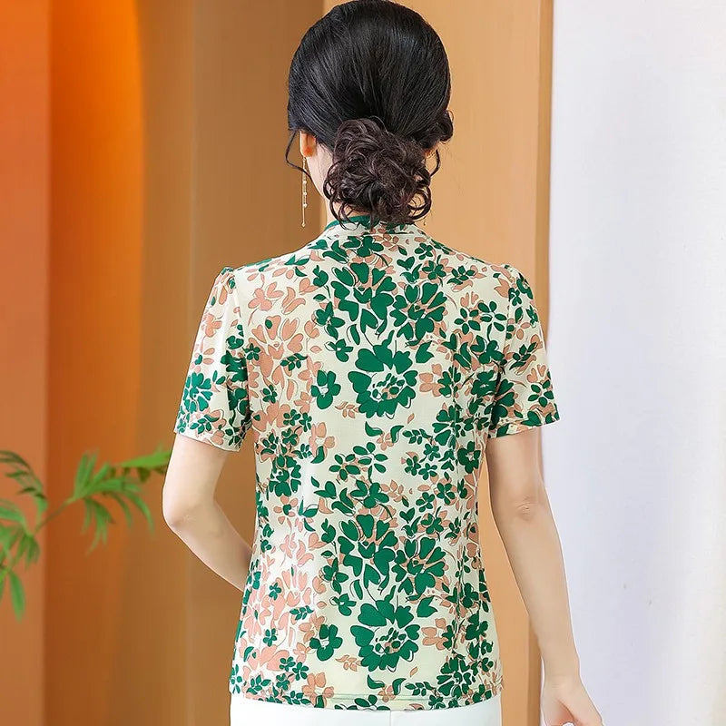 អាវយឺតដៃខ្លីបោះពុម្ពម៉ូដសម្រាប់នារីរដូវក្តៅធម្មតា កអាវឈីប៉ាវបែបវីនថេច សម្រាប់សម្លៀកបំពាក់នារី