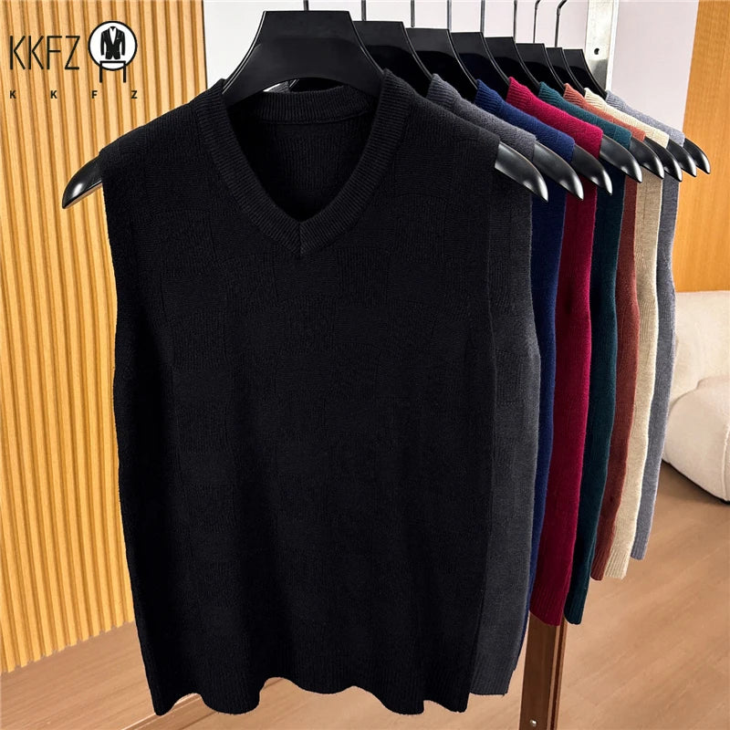 Mens Lightweight Jacquard Knitted Sleeveless Vest V Neck Textured Sweater Tank Top For Daily Commute And Business Matching