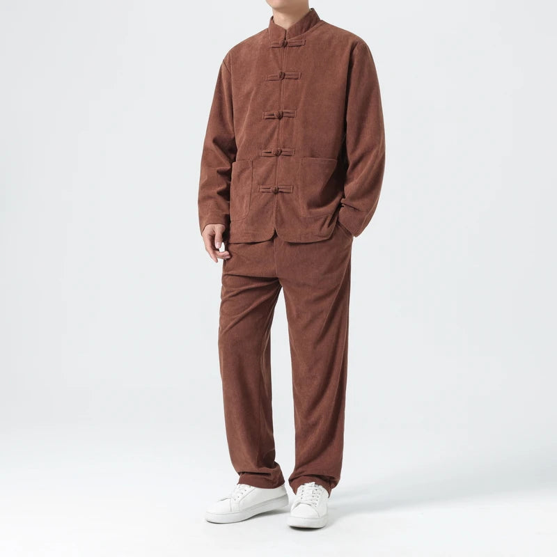 2026 Men's 2-Piece Set in Black Corduroy Fabric, Featuring A Chinese-inspired Single-breasted Stand-up Collar Jacket with Pants.