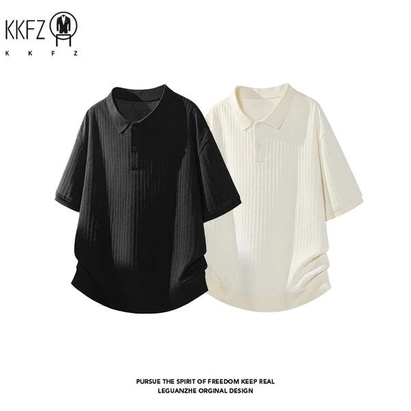 Male Summer Polo Collar Short Sleeve Shirt Vertical Woven Jacquard Cloth Relaxed Silhouette For Outdoor Travel Matching