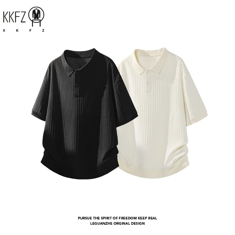 Male Summer Polo Collar Short Sleeve Shirt Vertical Woven Jacquard Cloth Relaxed Silhouette For Outdoor Travel Matching