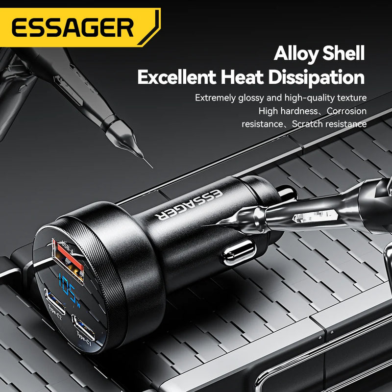ឆ្នាំងសាករថយន្ត Essager 105W USB សាកលឿន 4.0 QC4.0 QC3.0 QC SCP PPS PD USB ប្រភេទ C សាកលឿនសម្រាប់ទូរស័ព្ទ iPhone 14 15 Xiaomi