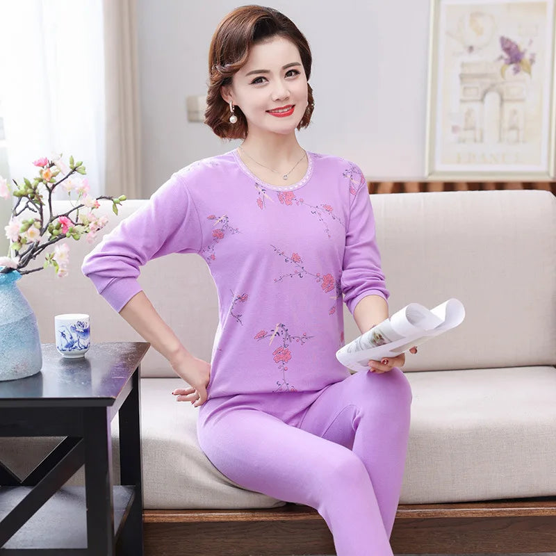 Middle Aged Mother Cotton Pajamas Set Long Sleeve Sleepwear Women 2 Piece Outfit Plus Size Homewear Autumn Winter Pijama Mujer