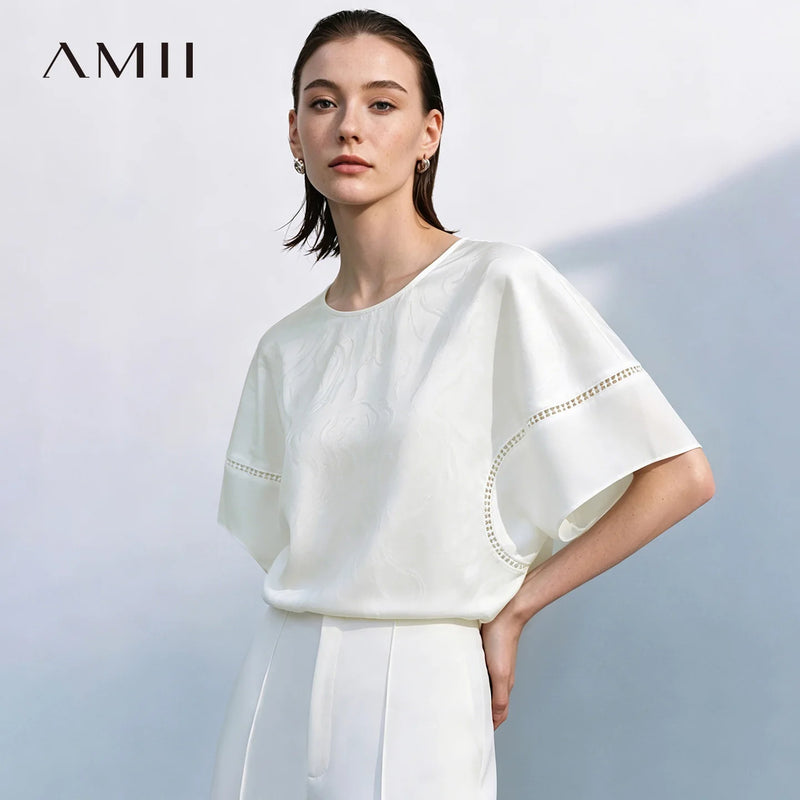 Am Women's Chiffon Blouse 2026 Summer Chinese Style O-Neck Cutout Ribbon Trim Batwing Sleeve Top Loose Jacquard Shirt 12622151