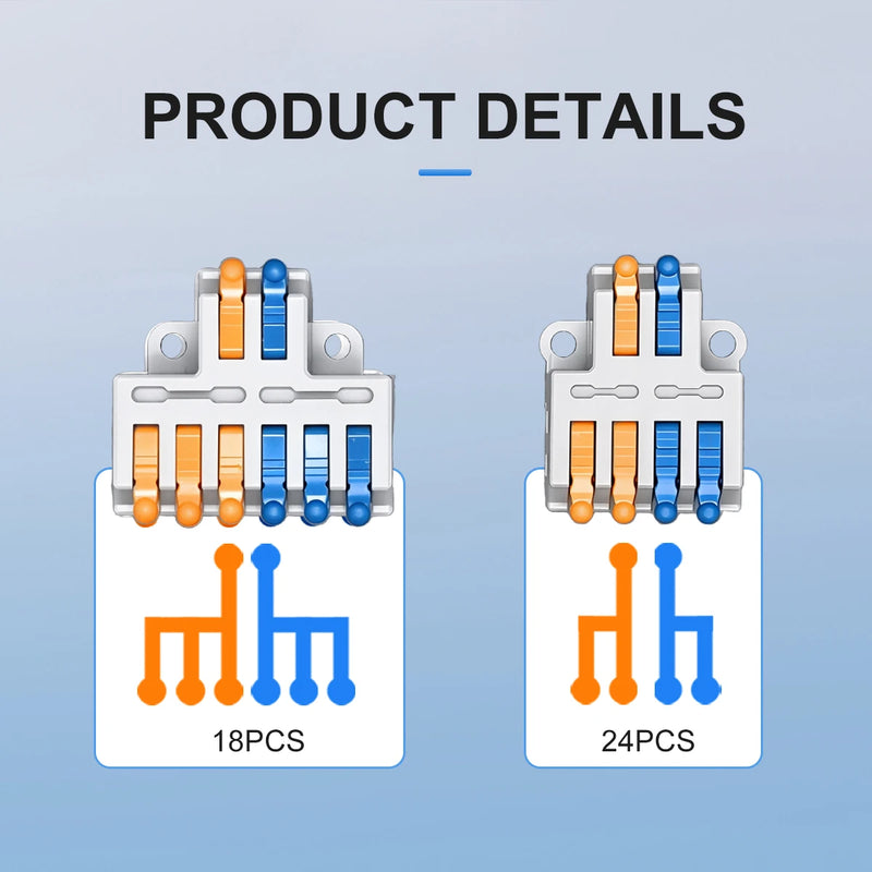 TOMZN Wire Connectors Transparent 6IN2 18PCS 4IN2 24PCS Wire Connectors 28-14AWG 0.08-2.5㎜² L and N + and - Orange Blue