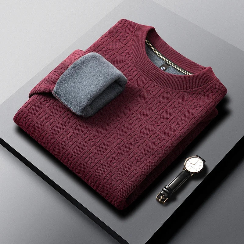 Men Thick Fleece Lined Knit Pullover Long Sleeve Crew Collar Full Embossed Letter Relax Fit Daily Wear Top