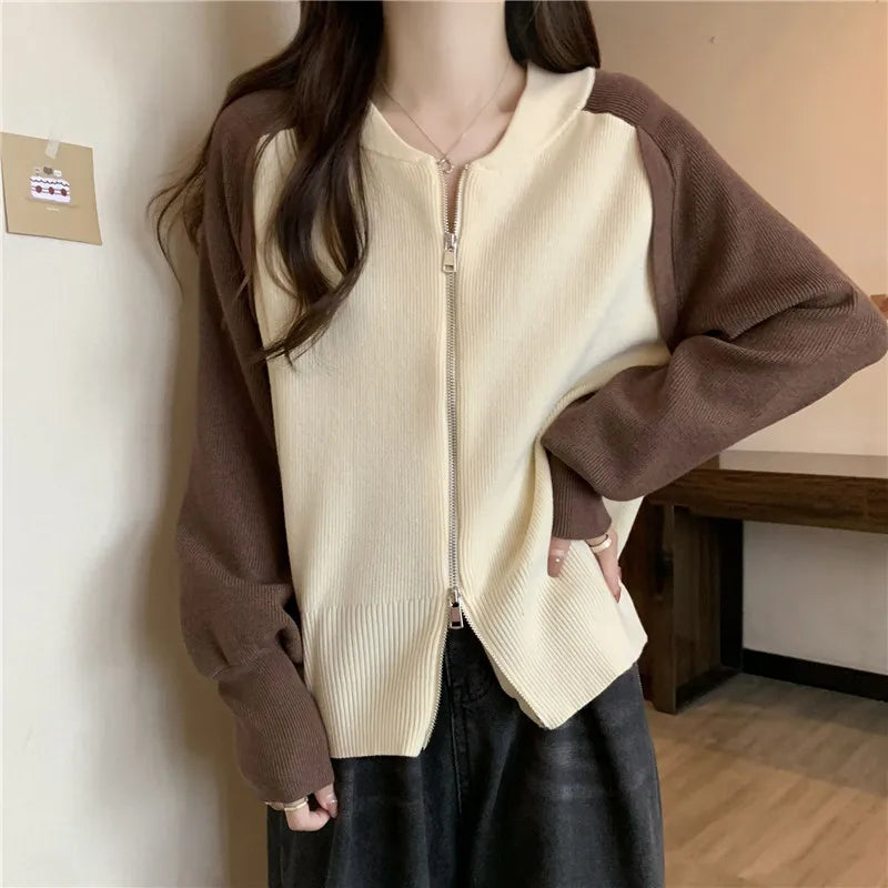 អាវក្រៅ Cardigans ពណ៌ផ្ទុយគ្នាសម្រាប់ស្ត្រី អាវក្រោះក្រាស់ថ្មីសម្រាប់ស្ត្រី អាវក្រៅនិទាឃរដូវរដូវស្លឹកឈើជ្រុះ