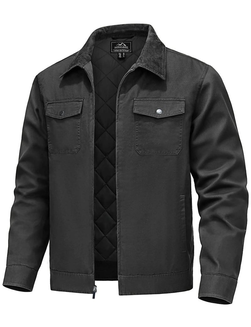 TACVASEN Quilted Cargo Jackets Lightweight Full Zip Corduroy Collar Jackets Cotton Casual Shacket Padded Coats with 5 Pockets