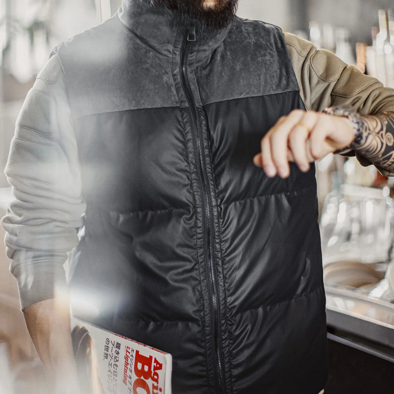 Maden Men Quilted Vest Black Outdoor Puffer Sleeveless Jacket Stand Collar Thickened Insulated Collar Warm Coat for Full Winter