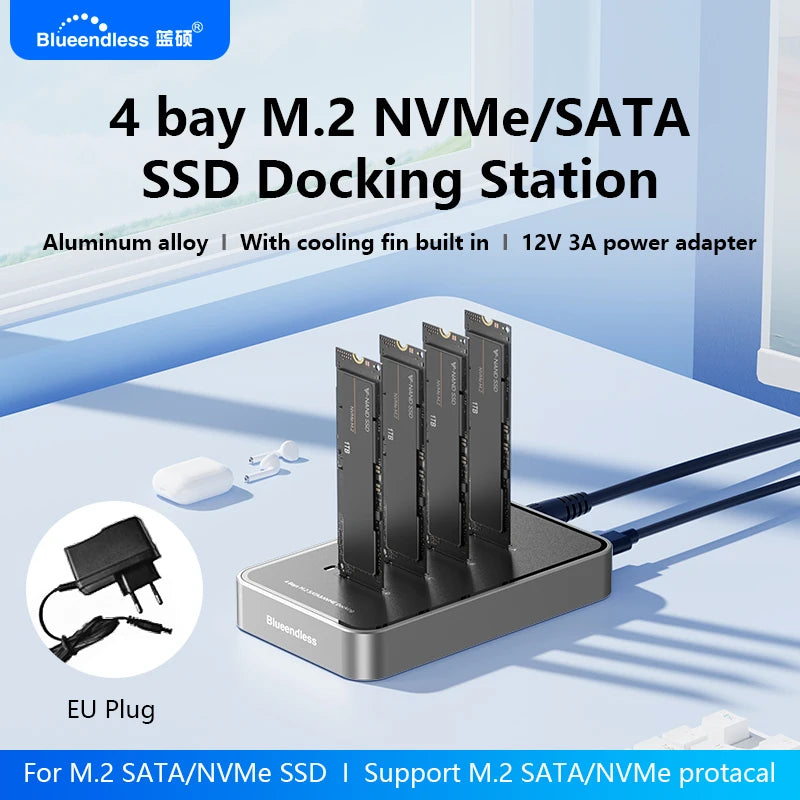 ស្ថានីយ ចត SSD ទំហំ 4 ច្រក Blueendless ប្រភេទ C USB3.1 10Gbps M2 NVMe PCIe SATA NGFF ស្រោម SSD អាលុយមីញ៉ូម