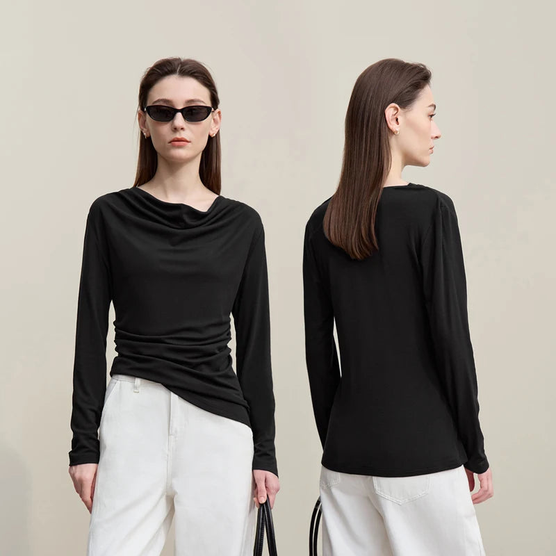 Amii Long Sleeve T-Shirt  Autumn New Elegant Swing Collar 2026 Women's Tee Shirt Casual Versatile Solid Color Knit Tops 12641022