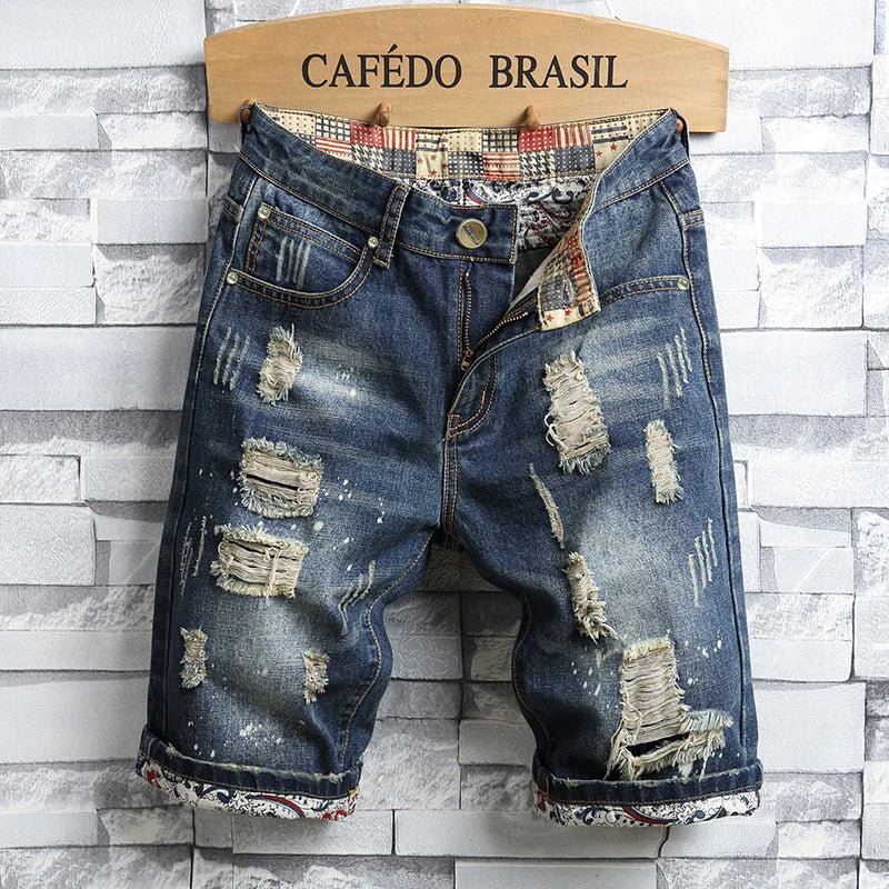 2026 Summer Men's Blue Ripped Jeans Shorts, Fashion Casual Denim Shorts, Plus Size 28-34 36 38 40 Men Slacks