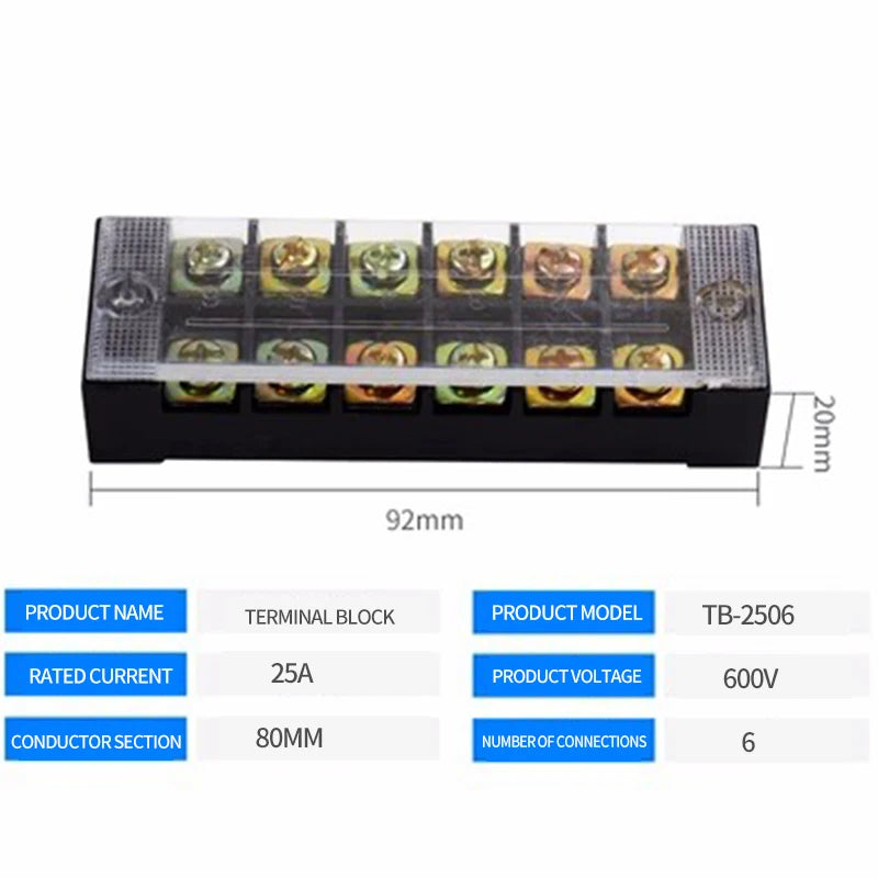 15A/25A/45A 3/4/6/8/10/12 Dual Row Barrier Screw Terminal Block Strip Wire Connector 600V Positions Optional
