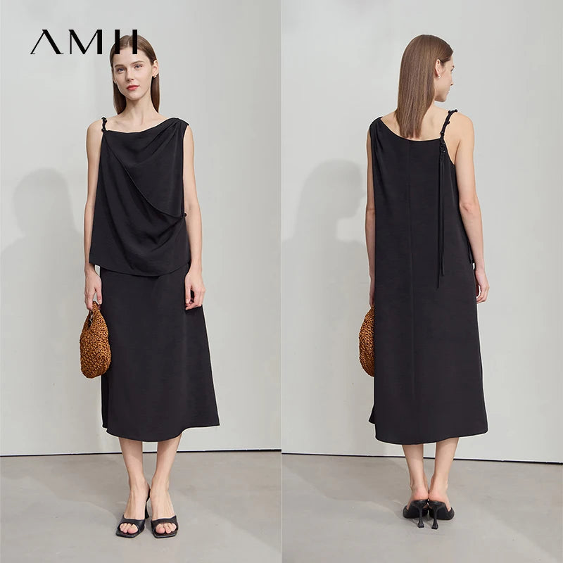 AMII Minimalist Solid Summer Camisole Dress Women New 2026 Sling Collar Pleated Sleeveless Loose Dresses Female Fashion 12552040