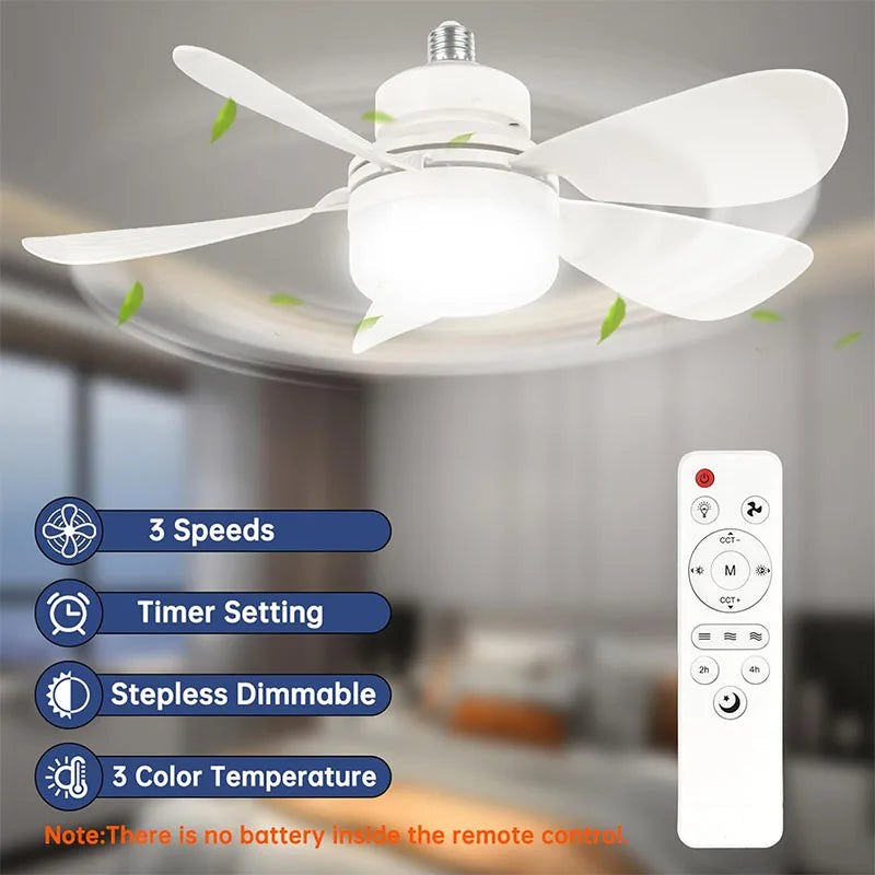 Modern E27 Socket Fan Light with 5 Blades Remote Control 3 Color Lights Dimmable Silent Removable for Home Dining Room Bedroom