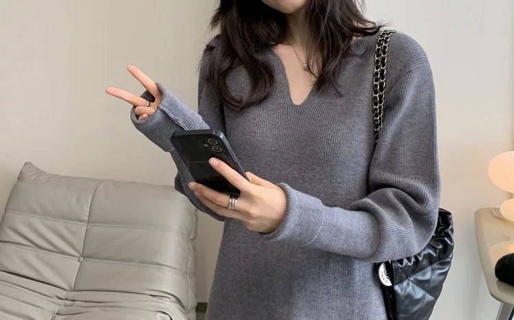 Fashion Knitting Woman Clothes Slim Middle-long Sweater Dress Bottom Wear Autumn Winter V Neck Long Sleeve Pullovers Jumper