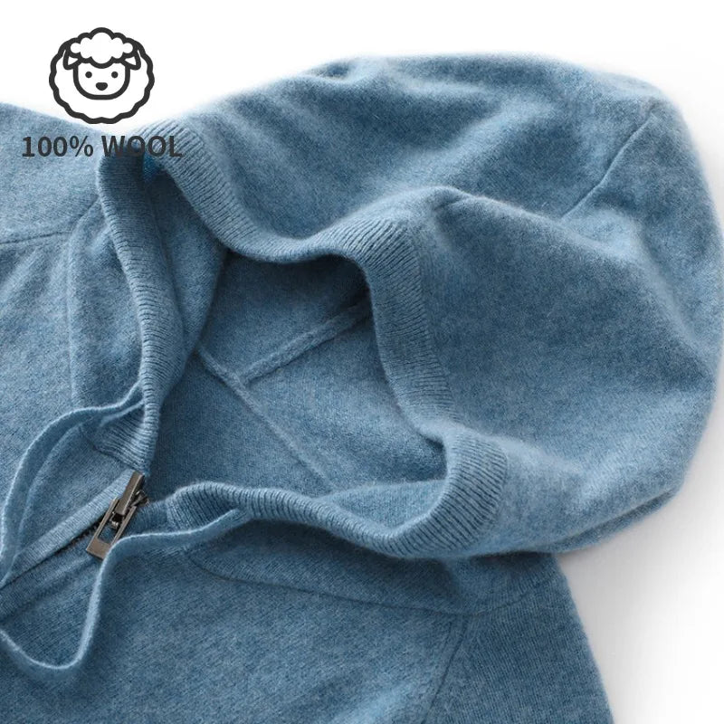 100% Wool  Men's Zip-Up Hooded Sweater, Soft Knit with Pockets, Ideal for Fall and Winter Daily Commute