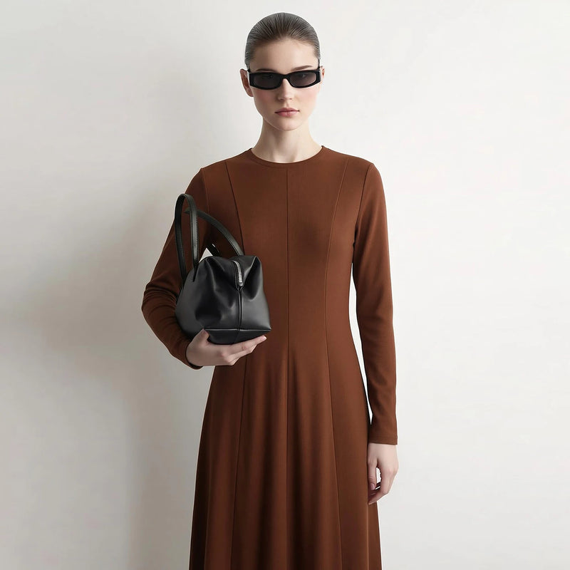 Amii Slim Dress Woman 2026 Autumn New O-Neck Stretch Long Sleeve Midi Dress Elegant Waist Cinched Casual Woman Clothes 12623013