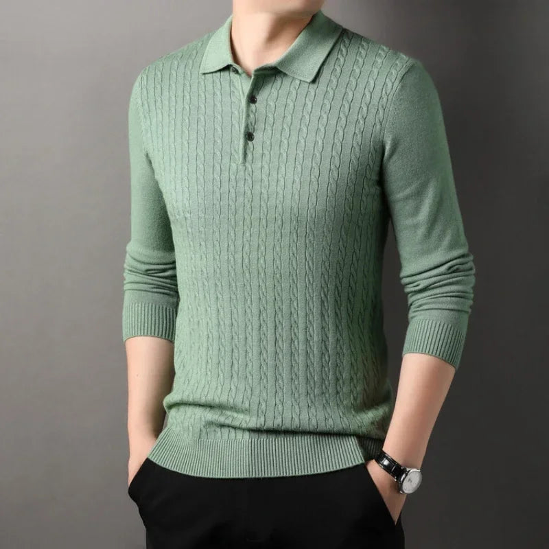 Men's Old Money Twisted Knit Solid Color Long Sleeve Polo Shirt - Business Casual Pullover Sweater for Autumn